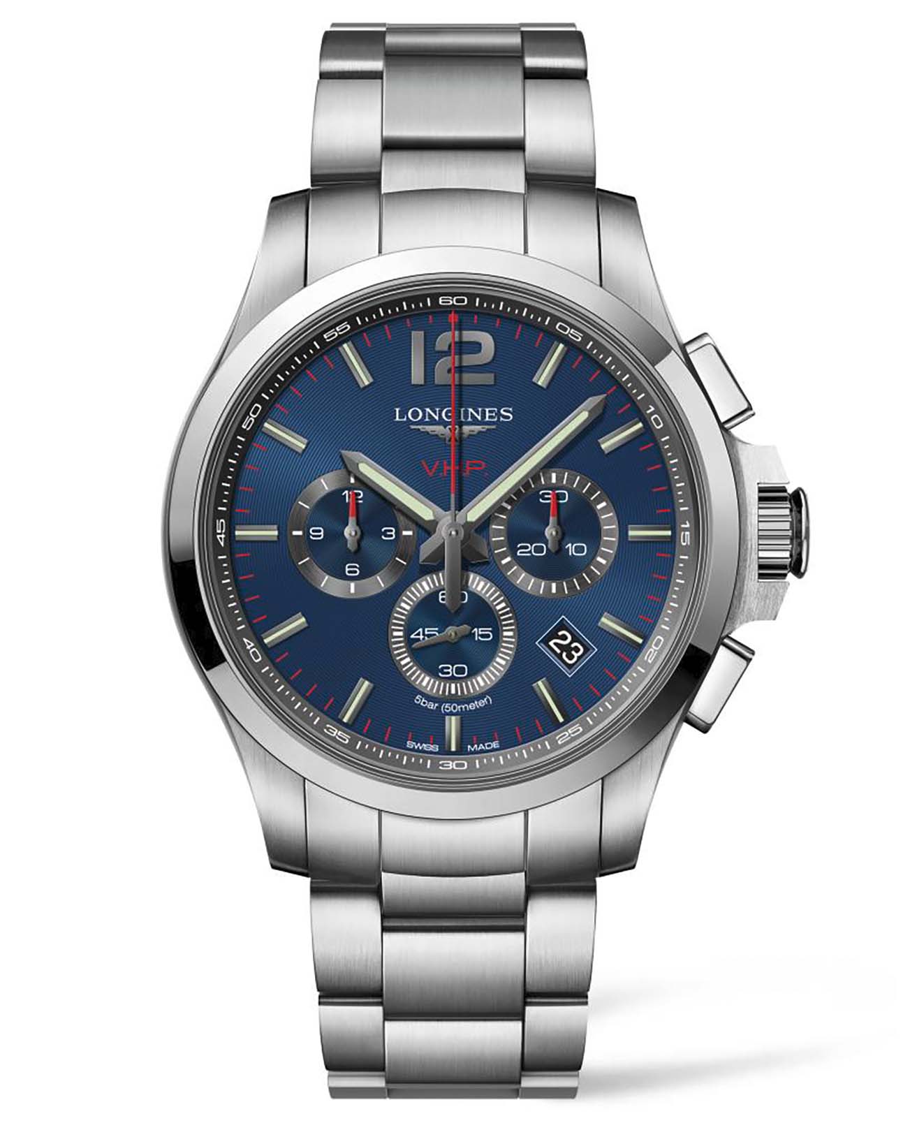 Longines Longines Conquest V.H.P. L3.727.4.96.6  L37274966 кварцевые мужские часы синий циферблат, браслет нержавеющая сталь — вид спереди